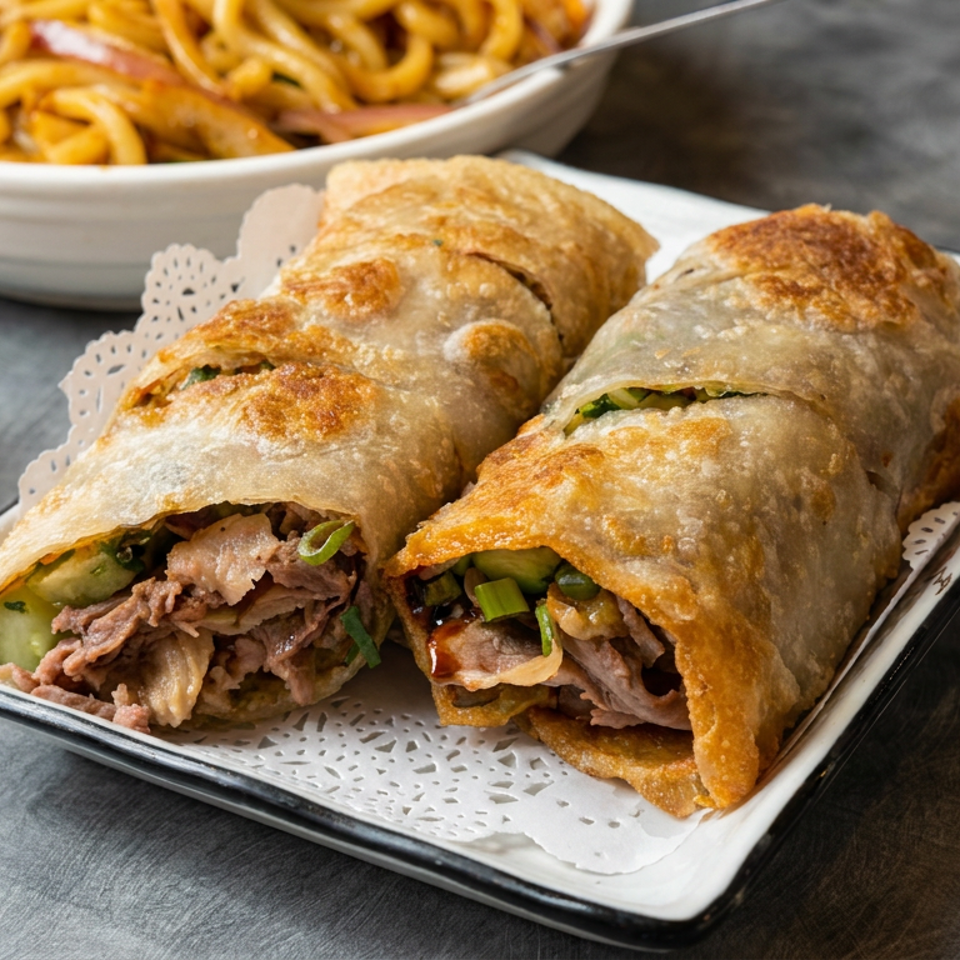 Two crispy beef-filled spring rolls with scallions and vegetables served on a rectangular plate, with noodles and dumplings in the background.